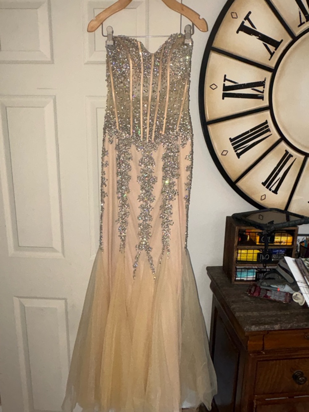 Jovani Blush and Silver Sequin Strapless Mermaid Gown